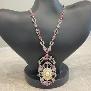Pink Rhinestone faux Pearl Necklace Earrings Vintage Antique Medallion Statement